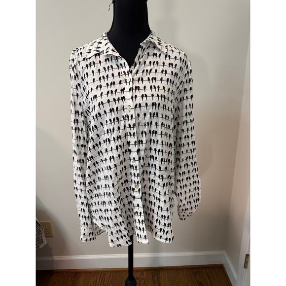 Jane and Delancey "Birds on a Wire" Women's Button Down Blouse in Black & White - Picture 1 of 4